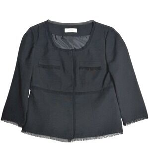 ANOUK Korea Black Textured Crepe Cropped Jacket Fringe Trim - Size 55 (US S)